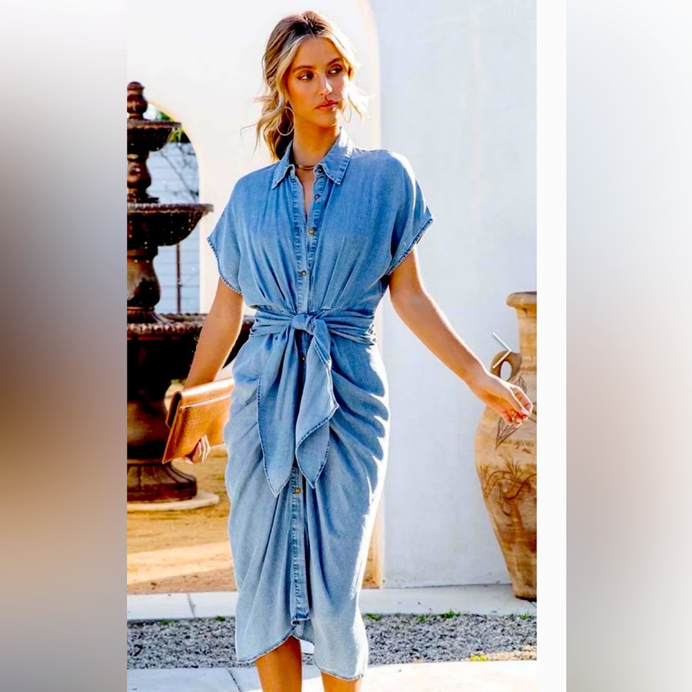 Denim short sleeve soft denim lyocell rushed midi dress